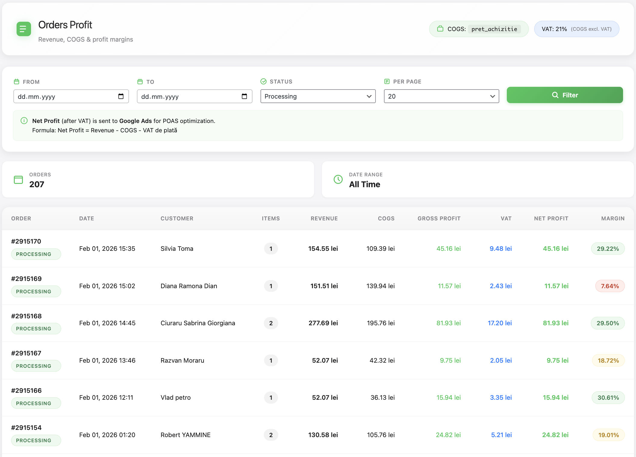 WooTrack — Orders Profit: Profit breakdown per order with VAT calculations