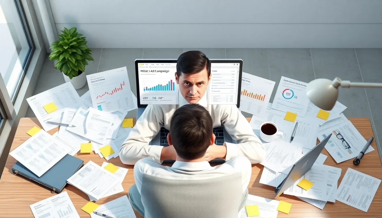 WooCommerce store owner auditing Google Ads campaigns manually with spreadsheets