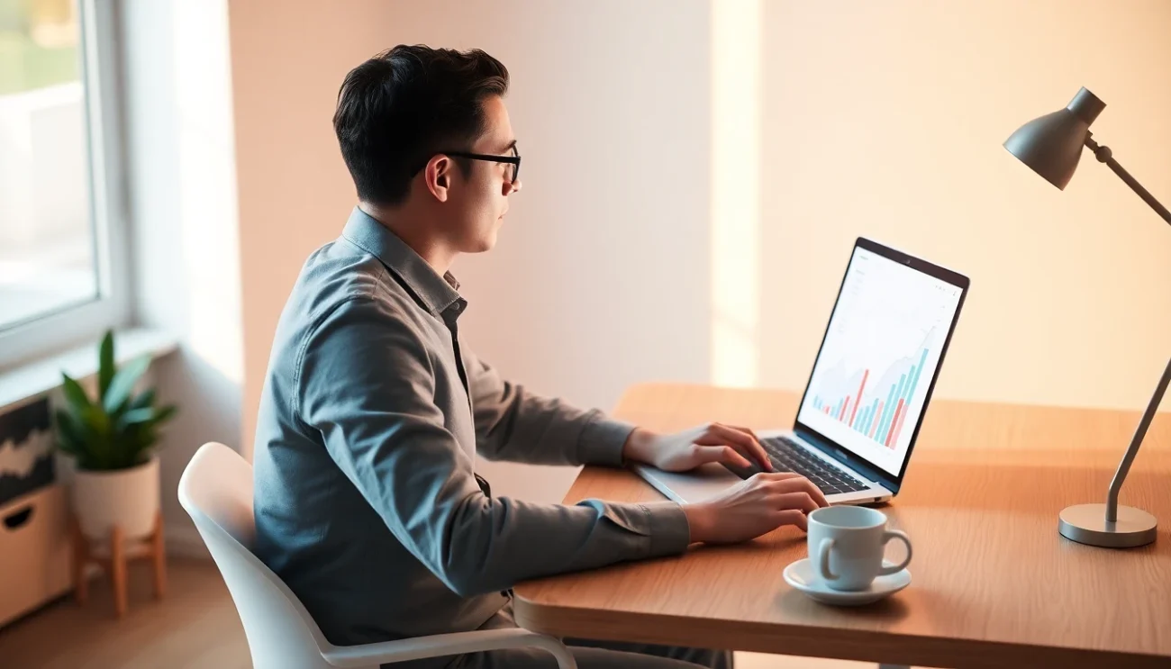 Small WooCommerce store owner analyzing POAS bidding data on laptop with low order volume Google Ads dashboard